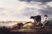 Aelbert Cuyp Cows and Herdsman by a River oil on canvas